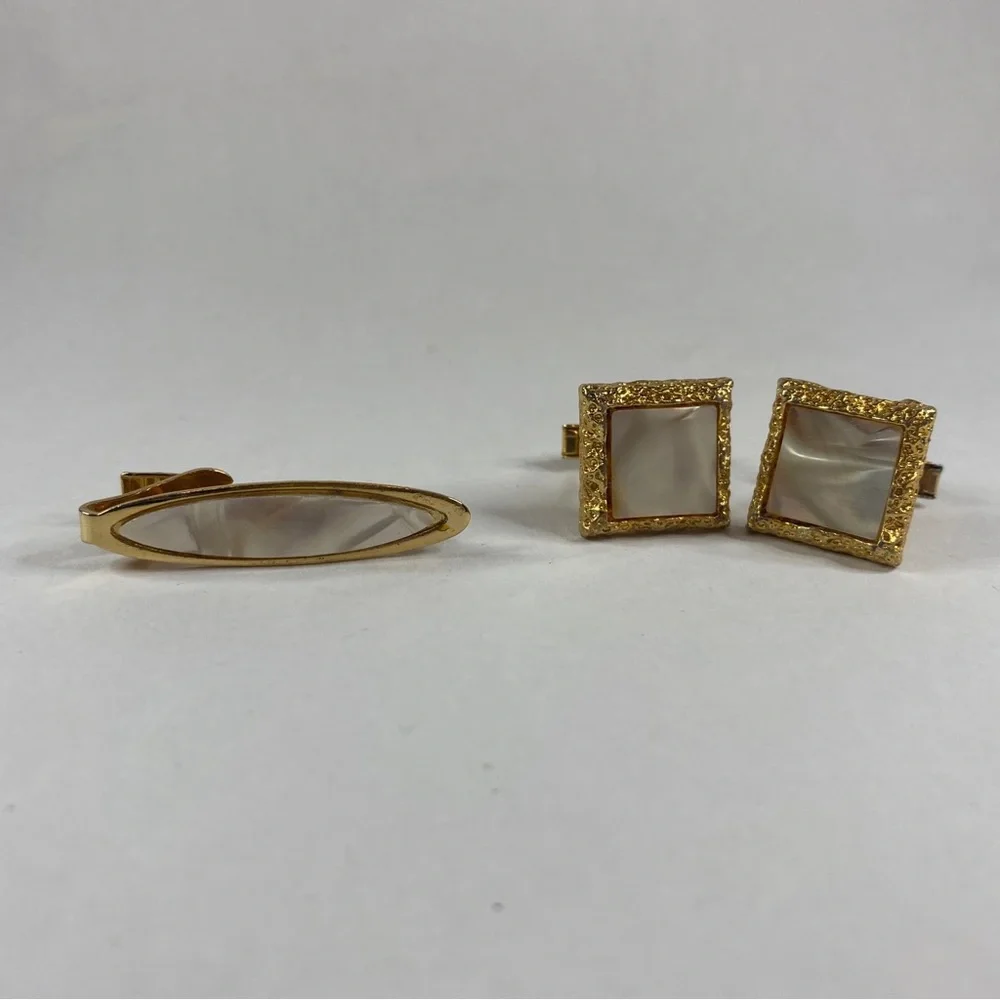 Vintage Set MCM gold tone mother of pearl inlay short tie bar clip And Cufflinks